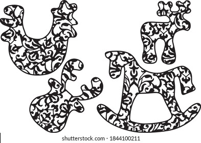 Decorative Christmas elements. Paper cut black and white. Toys
