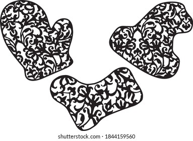 Decorative Christmas elements. Paper cut black and white. Sock, Santa hat and mitten