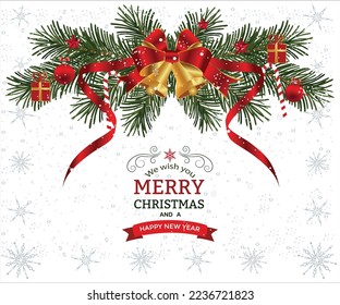 Decorative Christmas festive background with bells flowers, balls, presents, stars and ribbons.. Christmas And New Year Greeting Card