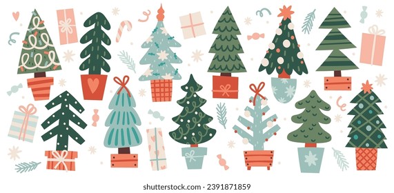 Decorative Christmas fir spruce trees with and without traditional decoration, ornaments and xmas bauble set vector illustration. Potted evergreen plant artificial and natural for New Year celebration