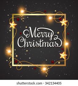 Decorative Christmas frame with greeting inscription on a black background