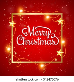 Decorative Christmas frame with greeting inscription on a red background