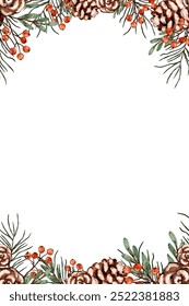 A decorative Christmas frame with pinecones, berries, and greenery, festive winter design with copy space