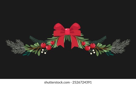 Decorative Christmas garland border from pine branch, berries, leaves, plants and big holiday red bow isolated on dark background.