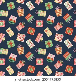 Decorative Christmas gift boxes on navy blue vector seamless pattern design.