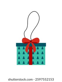 Decorative Christmas gift ornament with a festive red bow and teal box, isolated on a white background.