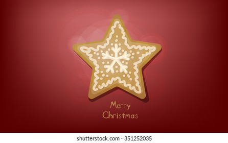 Decorative Christmas gingerbread star on a red background. Horizontal vector illustration, wallpaper.