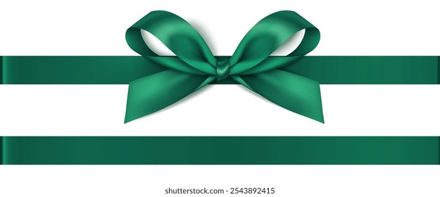 Decorative Christmas green bow with horizontal green ribbon isolated on white. Beautiful new year decoration for your design. Vector stock illustration.