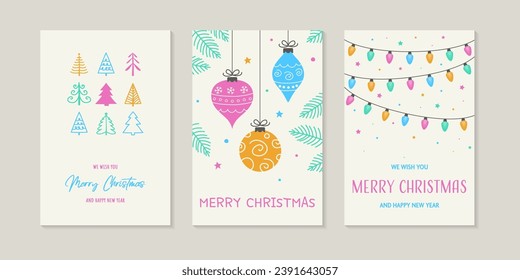 Decorative Christmas greeting cards with hand drawn elements. Vector illustration 