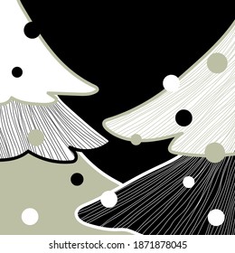 Decorative Christmas illustration with the image of decorated fir trees. Graphic design. Art. A poster or banner.