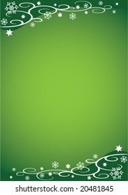 Decorative Christmas Illustration with snowflakes, stars and vines against a green background