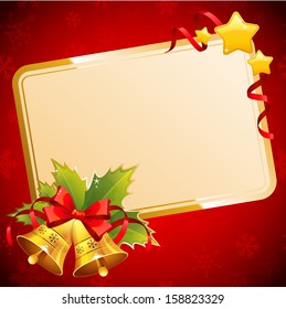 Decorative Christmas invitation postcard with traditional winter elements - bells, stars, ribbons and holly on snowflake background