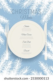 Decorative Christmas menu background with plate and cutlery and fir tree branches