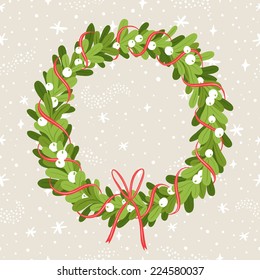 Decorative christmas mistletoe wreath on stardust seamless pattern