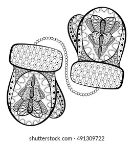 Decorative Christmas Mittens In Zentangle Style. Hand Drawn Vector Illustration. Sketch For New Year Posters And Greeting Cards, Adult Anti Stress Coloring Pages, Tattoo