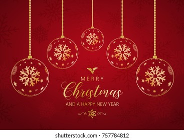 Decorative Christmas and New Year background with hanging baubles