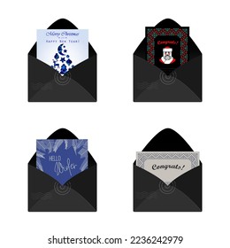 Decorative Christmas and New Year cards in the black envelopes. Winter and holiday theme. Festive greetings set. Vector  illustration. 