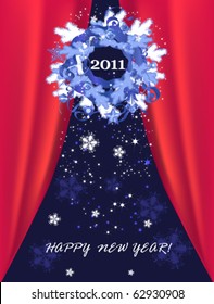 Decorative Christmas, New Year postcard, with wreath and red curtains.