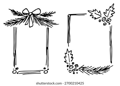 Dekorative Weihnachten, Neujahr rechteckige Rahmen. Tanne, Kiefernzweige, Holly Beere, Beeren und Blätter. Leerzeichen für Text. Handgezeichnete Vektorgrafik mit schwarzem Umriss.