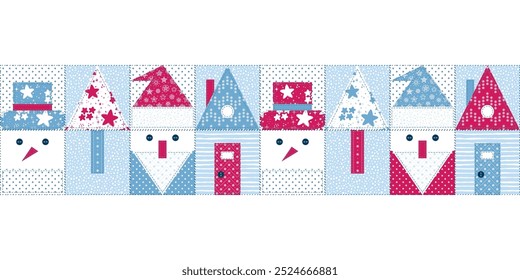 Decorative Christmas, New Year, Winter Holidays Seamless Banner. Patchwork Border with Snowman, Santa, Christmas tree, House. Abstract Geometric Mosaic Tape Pattern in Folk Style. Quilting pattern.