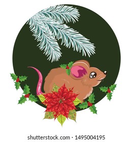 Decorative christmas, new years greetings with brown rat and poinsettia.