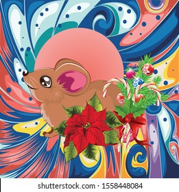 Decorative christmas, new years greetings with brown rat and poinsettia.