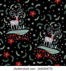 Decorative Christmas pattern with a deer. Seamless doodle pattern. Deer, mistletoe and holly branches. The pattern is ideal for the design of gift paper, fabric, and other surfaces. 