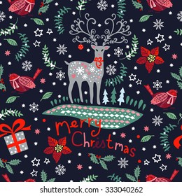 Decorative Christmas pattern with deers and birds. Hand drawing. Seamless for fabric design, gift wrapping paper and printing and web projects.