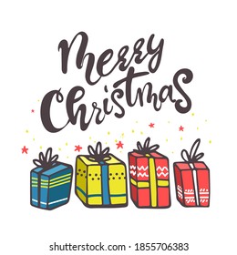 dekorative Weihnachtsgeschenke, Vektor-Weihnachtskarte. Geschenke mit Schrift auf weißem Hintergrund. Frohe Weihnachten. Grußkartenhandzettel