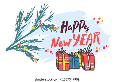 decorative Christmas presents, vector Christmas card. gifts with lettering on white background. Merry Christmas. Greeting card hand drawing doodle