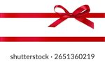 Decorative Christmas red bow with horizontal ribbon isolated on white. Beautiful new year decoration for your design. Vector stock illustration. Not AI.
