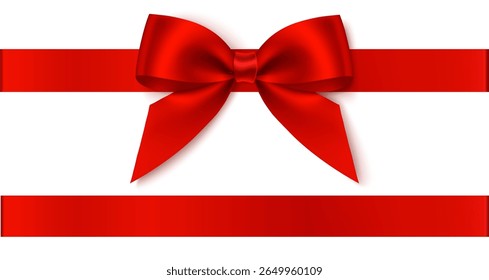 Decorative Christmas red bow with horizontal ribbon isolated on white. Beautiful new year decoration for your design. Vector stock illustration. Not AI.