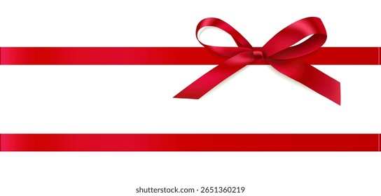 Decorative Christmas red bow with horizontal ribbon isolated on white. Beautiful new year decoration for your design. Vector stock illustration. Not AI.