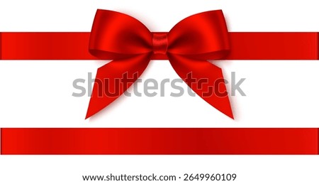 Decorative Christmas red bow with horizontal ribbon isolated on white. Beautiful new year decoration for your design. Vector stock illustration. Not AI.