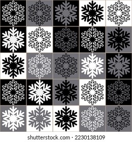 Decorativas navidades sin fisuras para el diseño festivo de año nuevo, color gris blanco negro. Ilustración vectorial con copo de nieve
