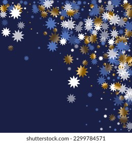 Decorative Christmas star holiday scatter graphic design. Gold blue white twinkle confetti. Banner snowflake pattern. Christmas star icon particles. Night blink decor.