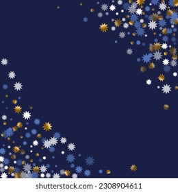 Decorative Christmas star vector scatter graphic design. Gold blue white sparkle confetti. Poster stardust pattern. Christmas star shape particles. Party luxury explosion.