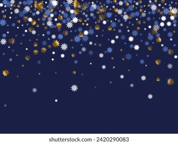Decorativa ilustración vectorial de estrella navideña. Decoración dorada, blanca y brillante. Ornamento de estrella de afiche. Brillante en forma de estrella navideña. Impresión nocturna refinada.