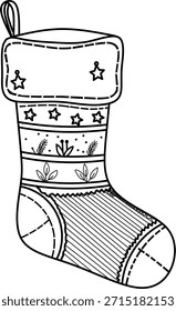 A decorative Christmas stocking featuring star motifs and botanical bands for holiday scene or craft designs