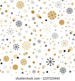 Decorative Christmas time vector seamless pattern with gild black grey snpwflakes Winter background Vector snowy ornate for New Year and Christmas decoration. Wallpaper illustration or package design