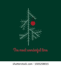 Decorative Christmas tree decorated with red decoration and the inscription “The most wonderful time”. Template for greeting card on Christmas and New Year.