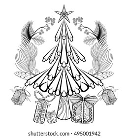 Decorative Christmas tree with gift boxes and fir branches. Hand Drawn Vector illustration in zentangle style. Sketch for adult anti stress coloring pages, New Year posters and greeting cards