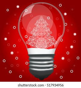 Decorative christmas tree in light bulb on a red background. Vector illustration.