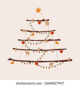 Decorative Christmas tree made of branches. Festive and winter accessories for Christmas.