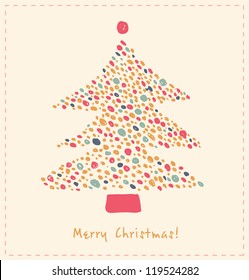 Decorative Christmas tree made of dots. Ornate element for Xmas design. Hand drawn cute card template