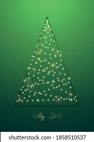 Decorative Christmas tree made of lights on green background. Christmas light bulbs. Vector template for posters, invitations and greeting cards.