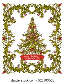 Decorative Christmas tree in the medieval-style frame. Good for greeting card for birthday, invitation or banner Stock line vector illustration.