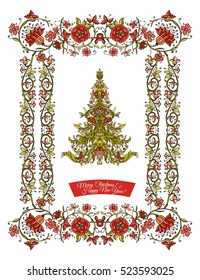 Decorative Christmas tree in the medieval-style frame. Good for greeting card for birthday, invitation or banner Stock line vector illustration.