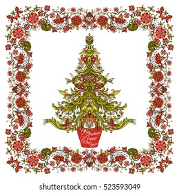 Decorative Christmas tree in the medieval-style frame. Good for greeting card for birthday, invitation or banner Stock line vector illustration.