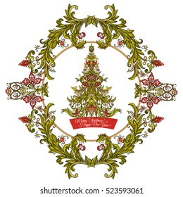 Decorative Christmas tree in the medieval-style frame. Good for greeting card for birthday, invitation or banner Stock line vector illustration.